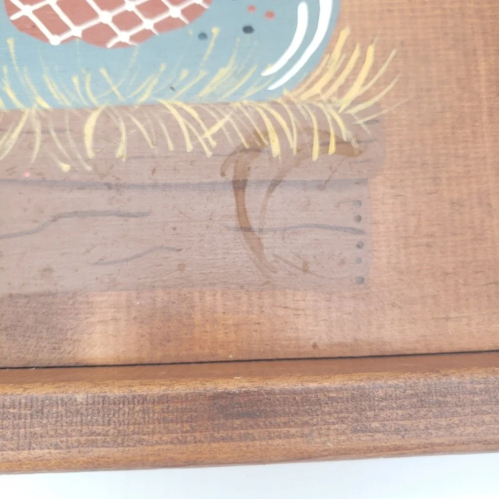 Vtg Rooster Farmhouse Wooden Serving Tray Folk Art Hen Hand Painted Rustic Decor